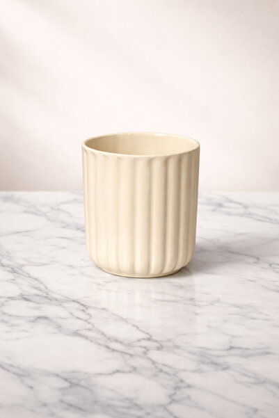 DEMİRSTORE Dekoratif Şık Çizgili Seramik Saksı - Orta Boy - Yuvarlak - Krem R...