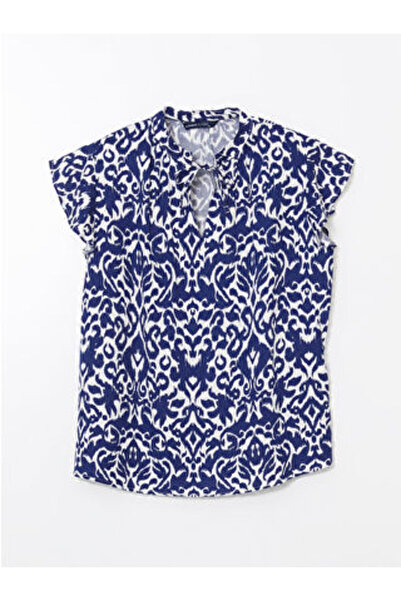 LC Waikiki Modanova Sezon Navy Blue Tie-Detail Collar Patterned Women's Blouse