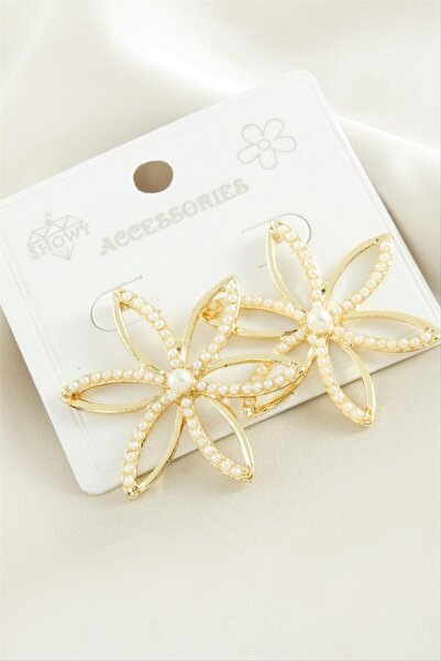 ZERO LAND أقراط معدنية على شكل زهرة لؤلؤية من STOROZAL (62936) - أصفر