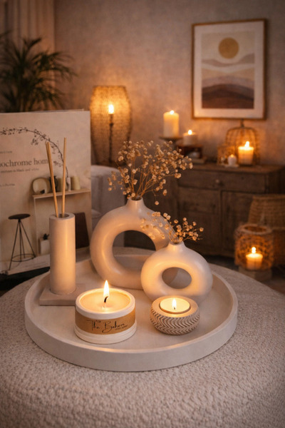 THE BOHEMM Beyaz Bej rengi Vazo Mum 6 parça Set