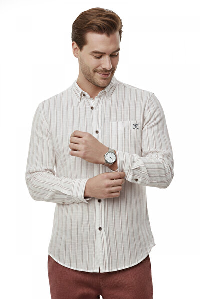 DeepSEA Burgundy Comfortable Fit Striped Men's Shirt – Pocketed, Wooden Butto...