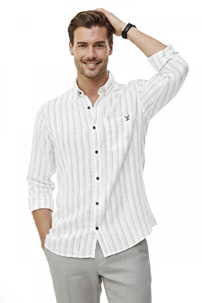 DeepSEA Gray Comfortable Fit Striped Men's Shirt – Pocketed, Wooden Buttoned,...