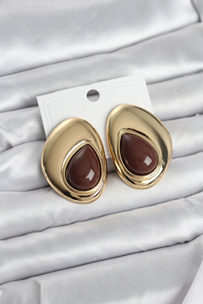 Clariss Brass Gold Color Brown Stone Drop Model Vintage Women's Earrings