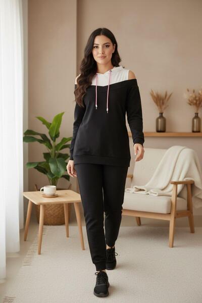 Mossta Off Shoulder Two Color Viscose Two Thread Blouse Pants Double Set - Black