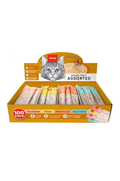 Wanby Creamy cat treats come in assorted flavors in packs of 100.