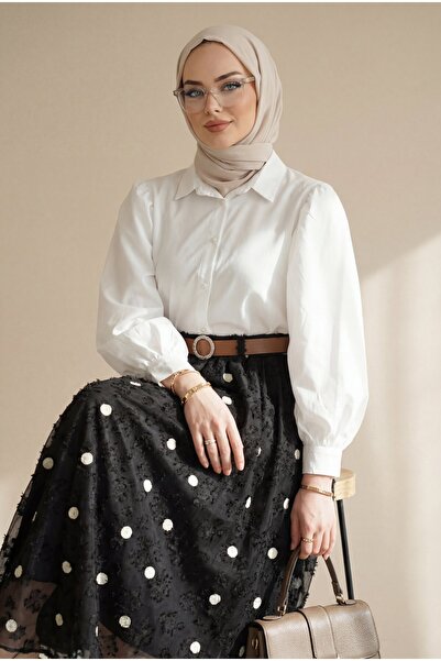 Modamorfo Kalın Kemerli Dokulu Kabartma Desenli Astarlı Şifon Etek -Siyah