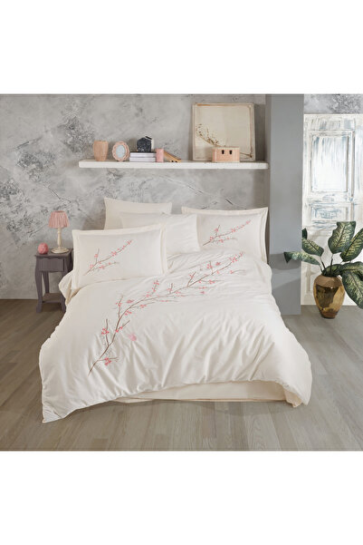 FIONNA.RO 100% Cotton Poplin HOBBY Duvet Cover Set - Cream With Embroidered T...