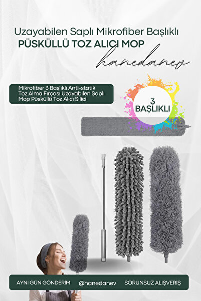 Hanedanev Mikrofiber 3 Başlıklı Anti-statik Toz Alma Fırçası Uzayabilen Saplı...