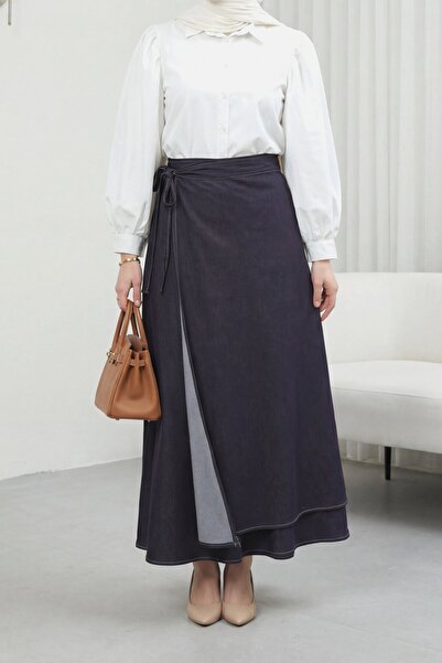 Modamorfo Double Layered Front and Side Lace-Up Zippered Denim Skirt - Dark P...