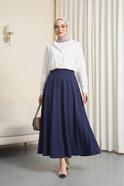 Modamorfo Imported Lycra Crepe Flared Skirt with Elastic Waist - Navy