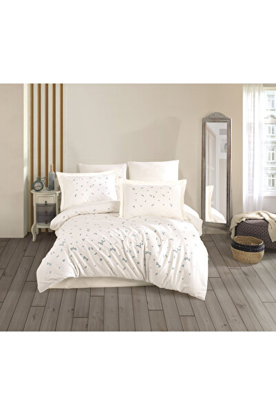 FIONNA.RO Cotton 100% Poplin Duvet Cover Set - Cream With Embroidered Blue Fl...