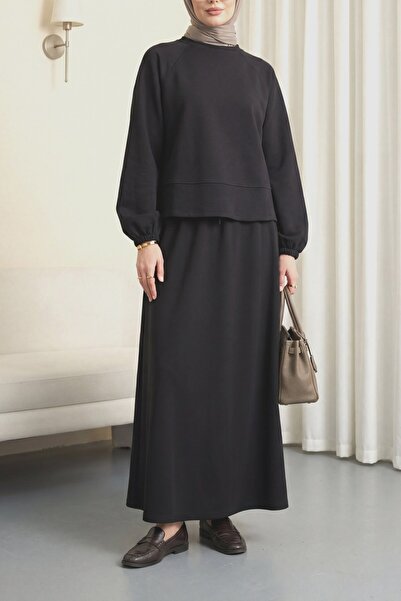 Modamorfo Round Neck Bat Sleeve Elastic Waist Skirt Suit - Black