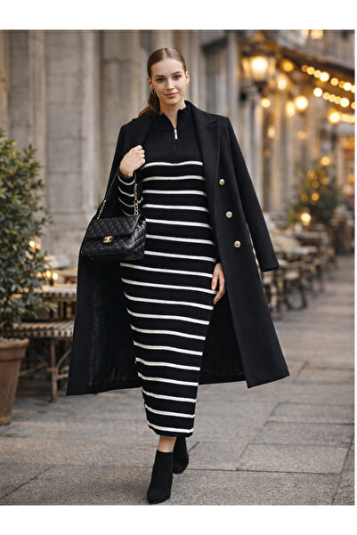 CloudyMood فستان تريكو مخطط باللونين الأسود والأبيض، بسحّاب وياقة نصف دائرية،...