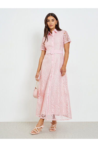 Styli Pink Lace Belted Shirt Maxi Dress