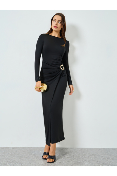 Take Two By Styli Black Buckle Detail Bodycon Maxi Dress