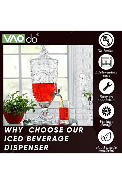 VAODO Glass Beverage Dispenser, 3L Drink Dispenser with Glass Lid and Spigot, Vintage Crystal Iced B