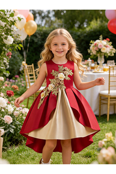 Take Two By Styli Girls Burgundy Embellished Sleeveless Pleated Dress