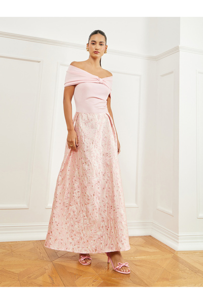 Styli Pink Jacquard Off-Shoulder A-Line Maxi Dress