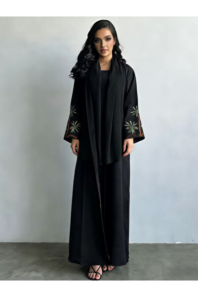 Take Two By Styli Women Black Embroidered Open Front Abaya