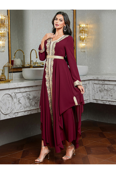 Take Two By Styli Women Burgundy Golden Trim Patch Detail Jalabiya