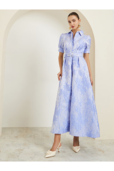 Styli Blue Jacquard Puff Sleeve Shirt A-Line Maxi Dress