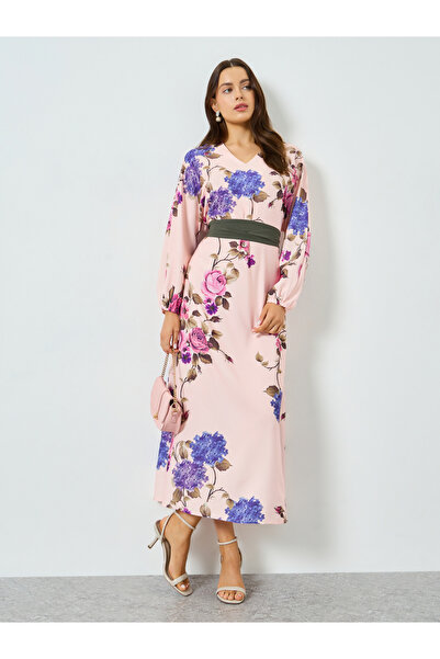 Take Two By Styli Floral Print Balloon Sleeve Belted Maxi Dress
