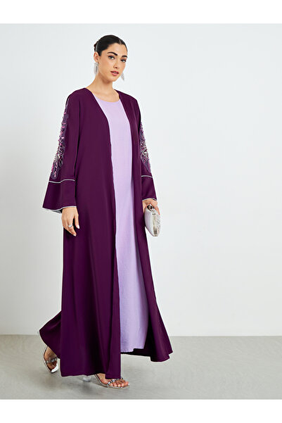 Amirah By Styli Burgundy Embroidered Sleeve A-Line Abaya