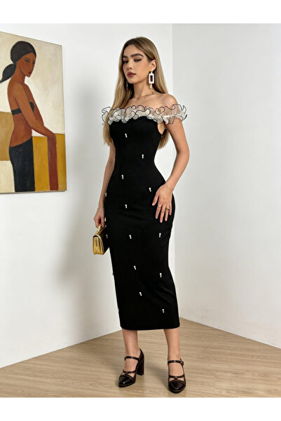 Take Two By Styli Black Faux Pearl Embellished Off Shoulder Midi Dress