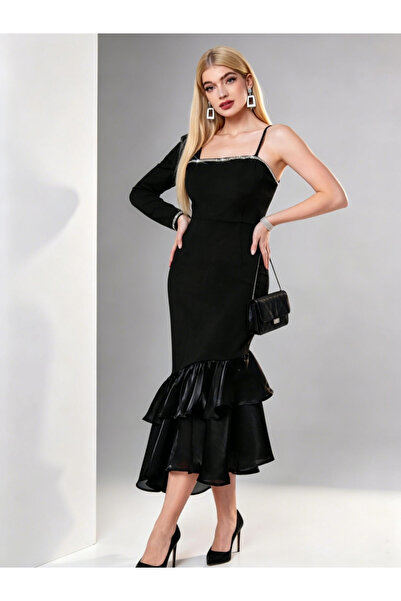 Take Two By Styli Black One Sleeve Ruffle Hem Bodycon Midi Dress