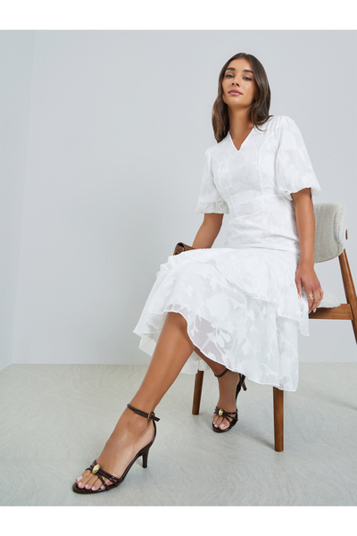 Styli White Jacquard Mermaid Hem Midi Dress