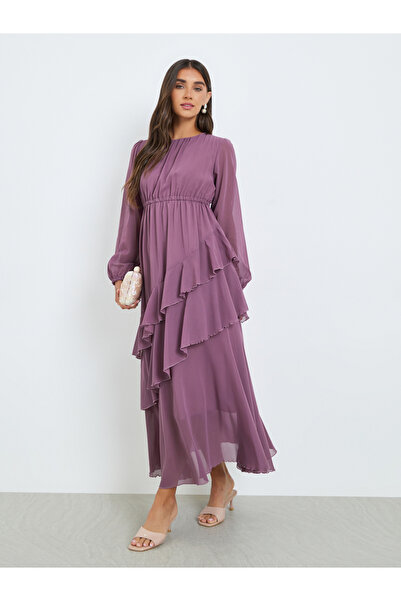 Styli Women Purple Balloon Sleeve Ruffled Detail Maxi Dress
