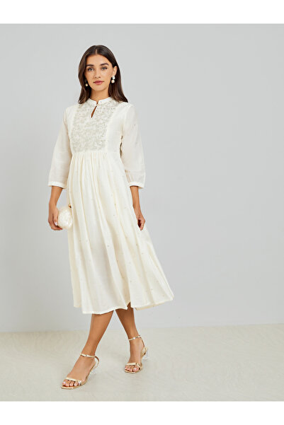Styli Women Cream Embroidered A-Line Midi Dress