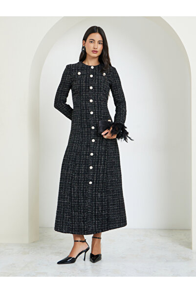 Styli Black Tweed Buttoned Maxi Dress
