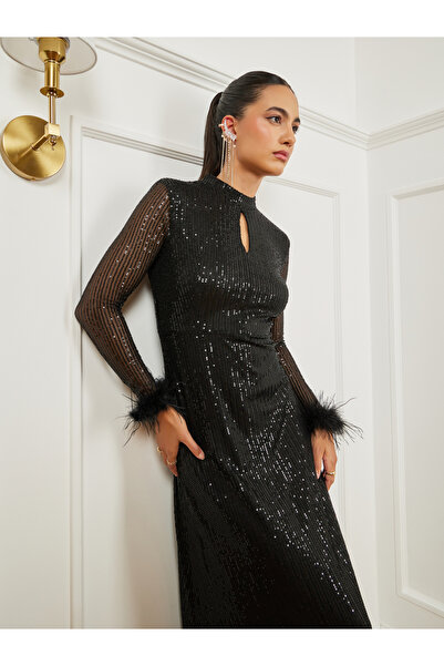 Styli Black Sequin Embellished Feather Trim Maxi Dress