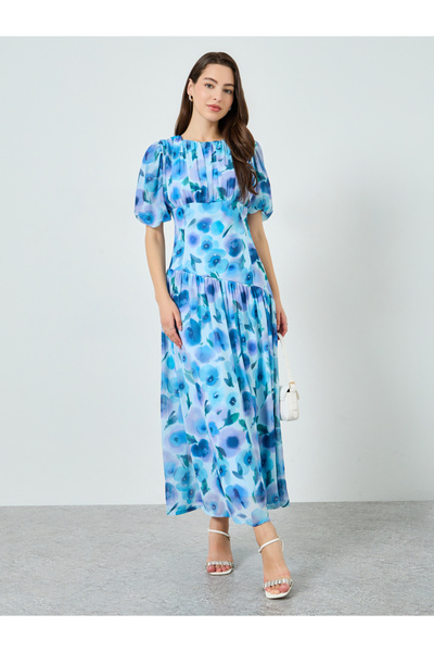 Styli Blue Floral Chiffon Maxi Dress