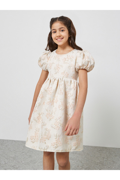 Styli Girls Gold Floral Jacquard A-Line Dress