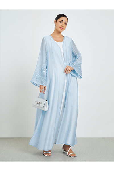 Amirah By Styli Blue Embroidered Sleeve A-Line Abaya