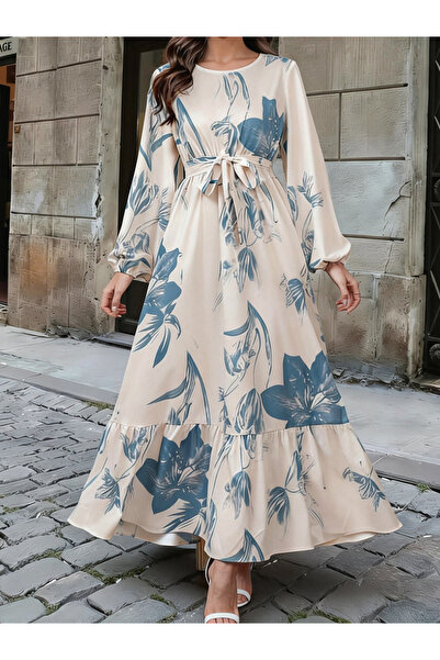 Take Two By Styli Blue Floral Print Ruffled Hem A-Line Maxi Dress