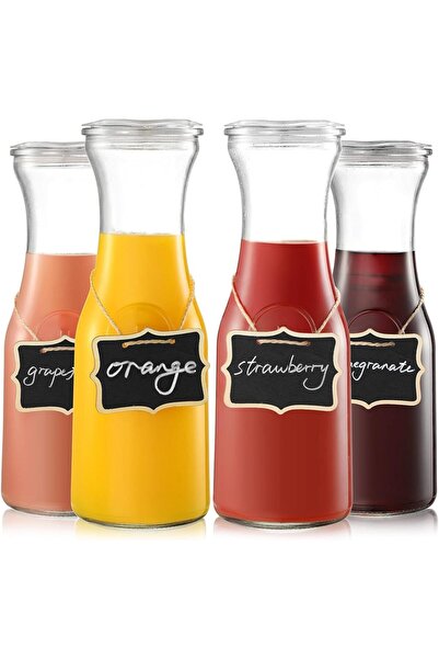 PREMIFY 1L Glass Water Bottles, Set of 4 Glass Carafes with Lids