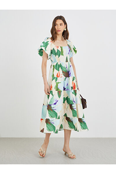 YouYan By Styli Puff Sleeves Floral Print Smocking Detail Midi Dress