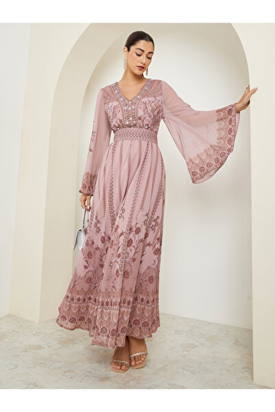 Amirah By Styli Purple Printed Belted A-Line Jalabiya