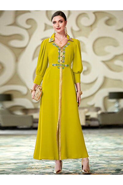 Take Two By Styli Women Yellow Embellished Open Collar Golden Trim Jalabiya