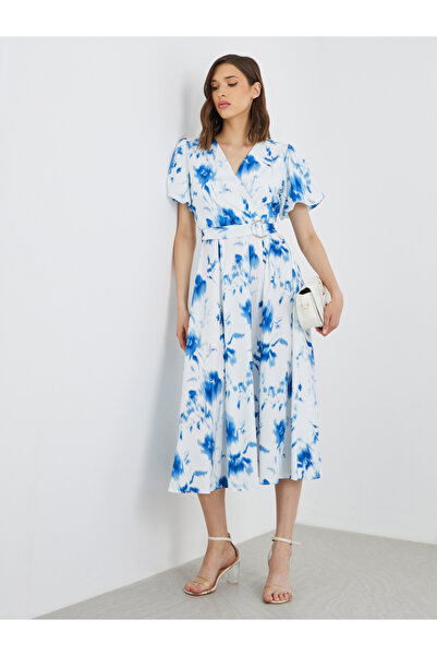 YouYan By Styli Puff Sleeves Floral Print V-Neck Belted Midi Dress