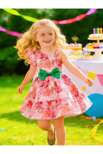 Take Two By Styli Girls Floral Print Dress with Bow Detail