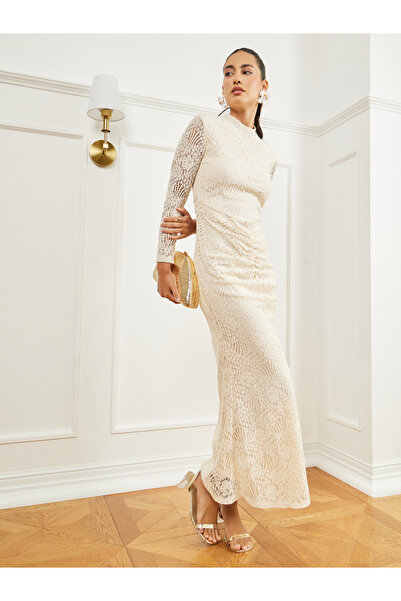 Styli Cream Lace Long Sleeve Ruched Maxi Dress