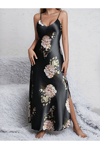 Take Two By Styli Black Satin Floral Print Nightdress