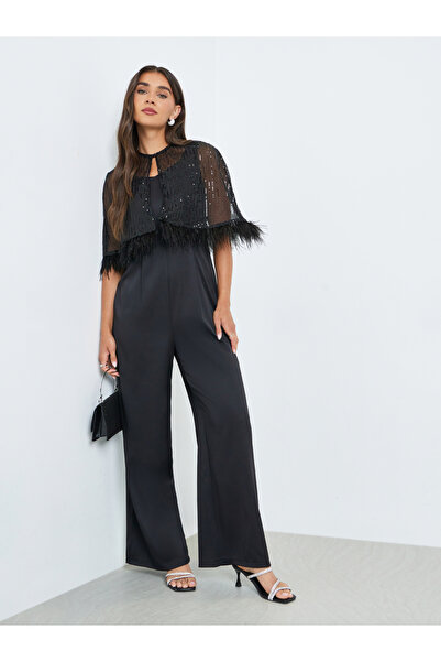 Styli Black Wide Leg Jumpsuit with Sequined Cape