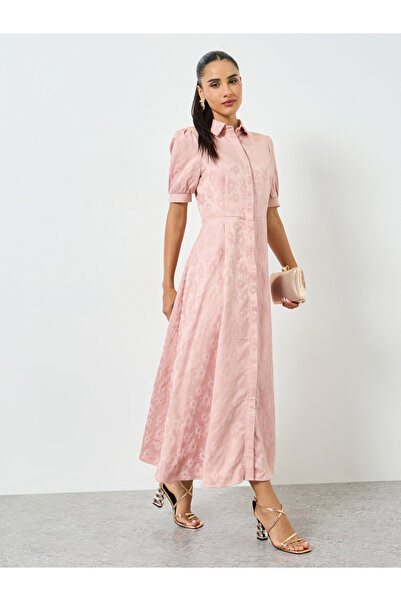 Styli Peach Jacquard Puff Sleeves Shirt Maxi Dress