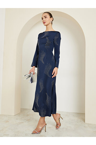 Styli Navy Blue Sequin Boat Neck Maxi Dress