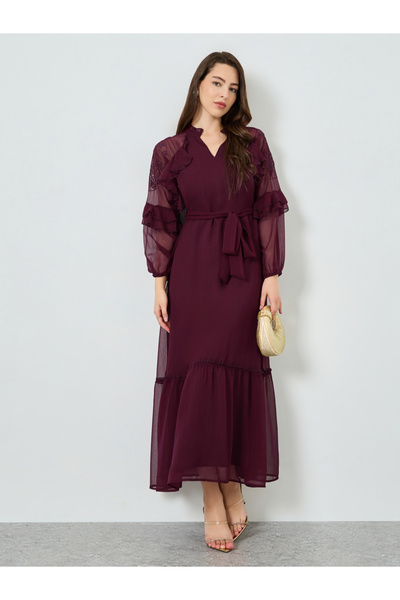 Styli Maroon Embroidered Maxi Dress with Ruffle Detail